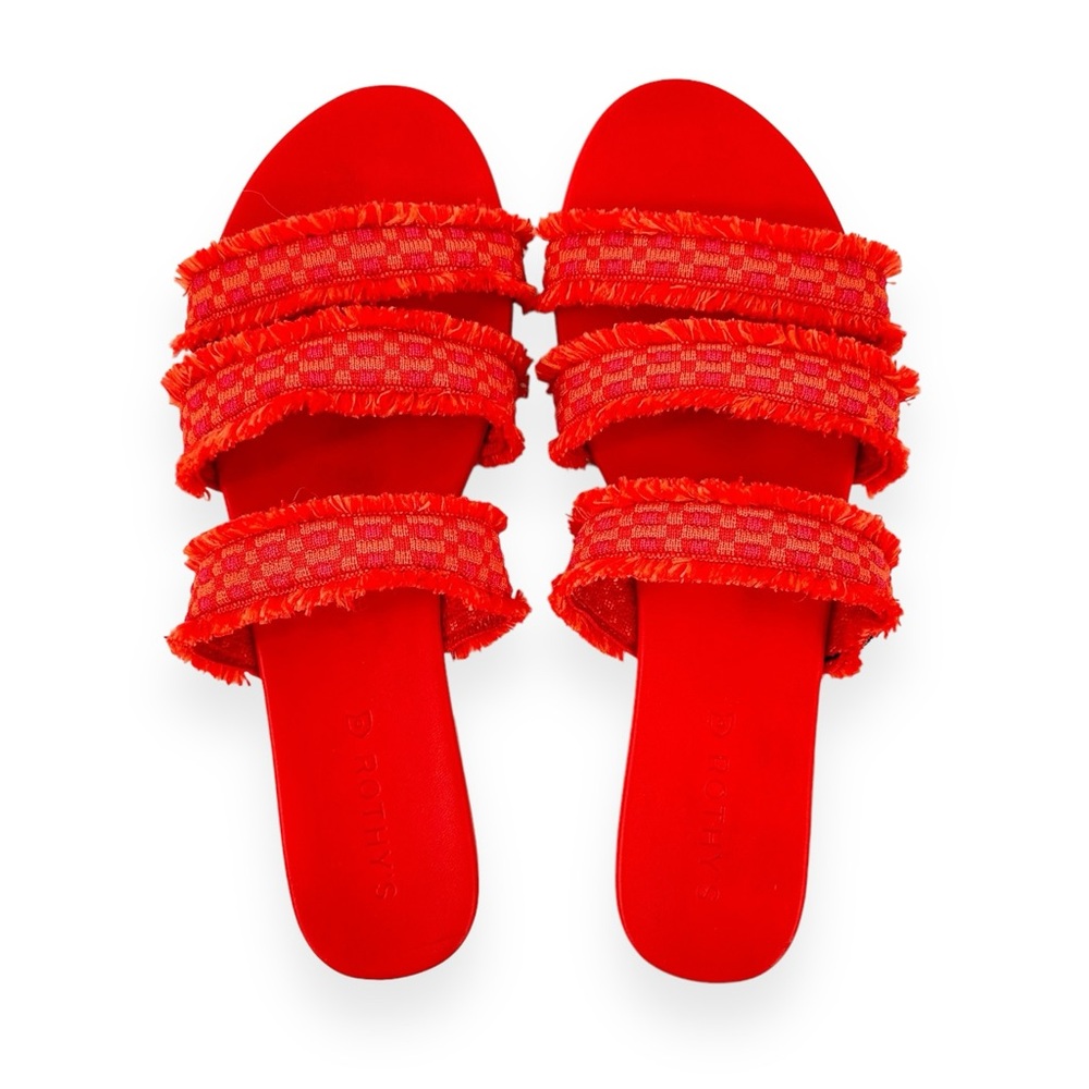 Rothy’s Red & Pink Triple Band Fringe Flat Sandals sz 10.5